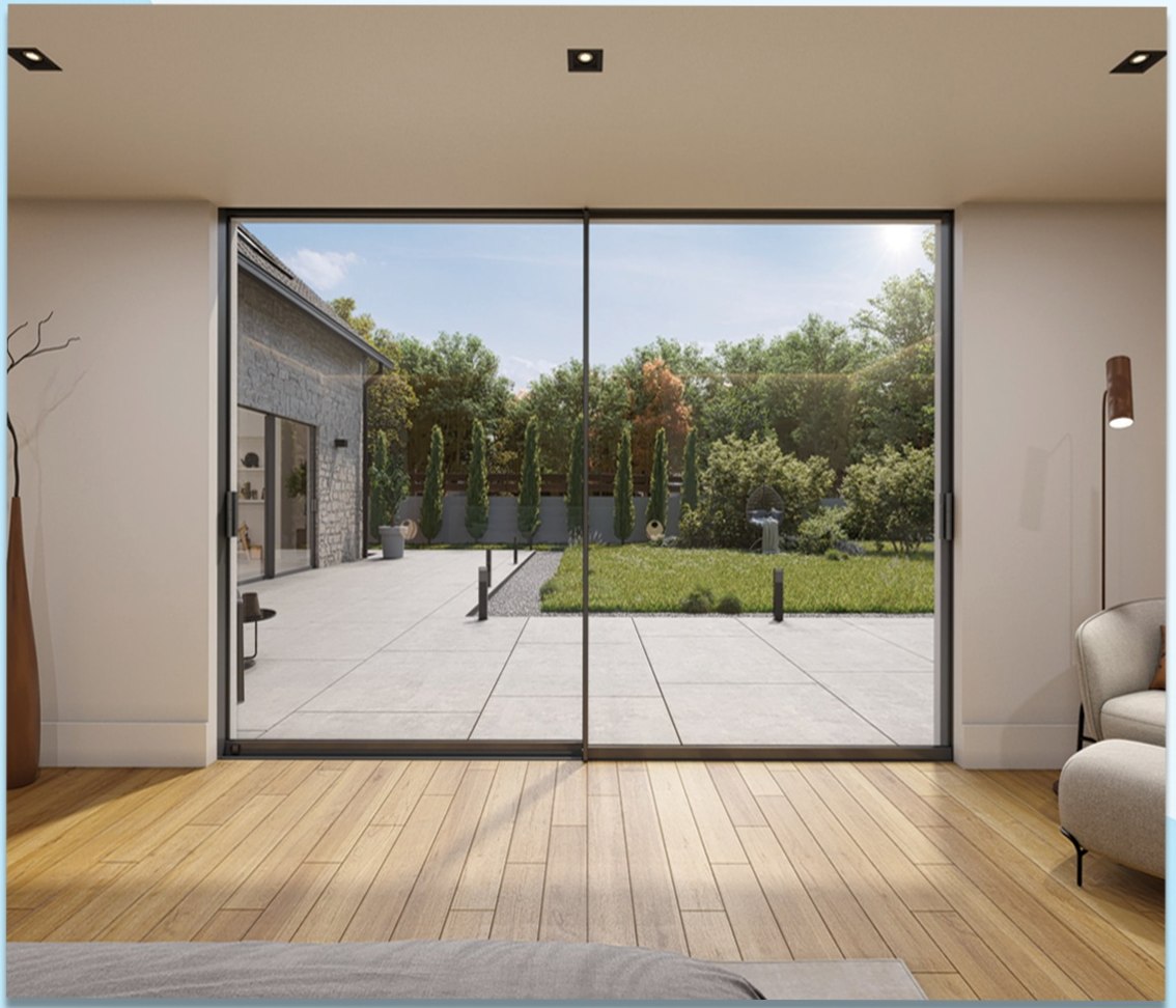 Large slim-frame aluminium window opening from a living room to a garden